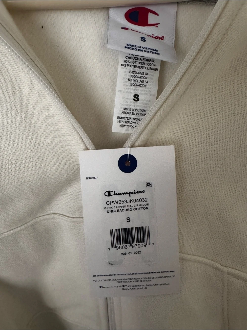Champion Off-White Cropped Full-Zip Hoodie with Embroidered Logo - S